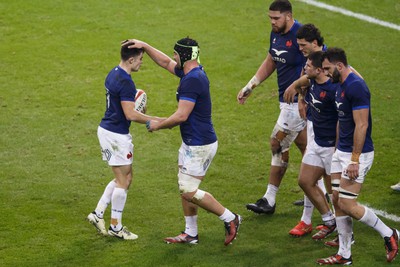 100324 - Wales v France - Guinness Six Nations - Gregory Alldritt of France congratulates Nolann Le Garrec of France after he scores a try