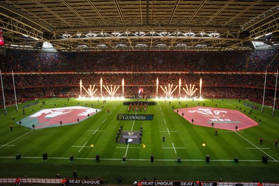 100324 - Wales v France - Guinness Six Nations - General view inside Principality Stadium as the teams run out with pyrotechnics