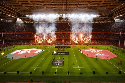 100324 - Wales v France - Guinness Six Nations - General view inside Principality Stadium as the teams run out with pyrotechnics