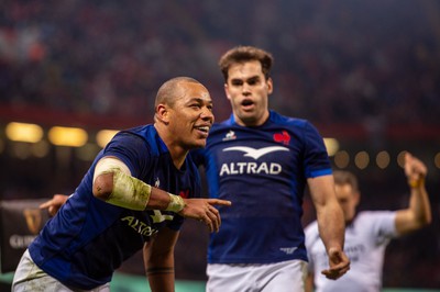 100324 - Wales v France - Guinness Six Nations - Gael Fickou of France celebrates scoring a try