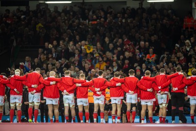 100324 - Wales v France - Guinness Six Nations - Wales line up for the anthems