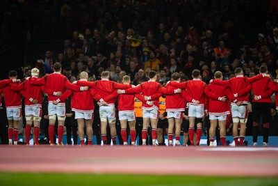 100324 - Wales v France - Guinness Six Nations - Wales line up for the anthems