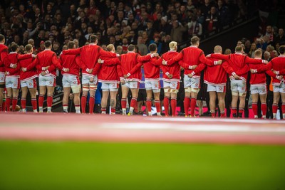 100324 - Wales v France - Guinness Six Nations - Wales line up for the anthems