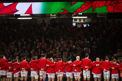 100324 - Wales v France - Guinness Six Nations - Wales line up for the anthems