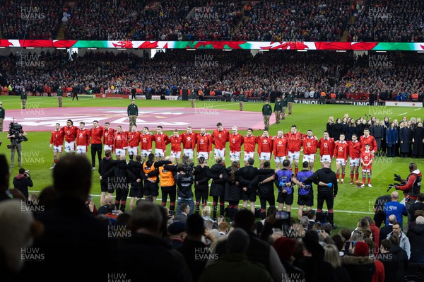 100324 - Wales v France Guinness 6 Nations - The Welsh team line up for the anthems at the start of the match