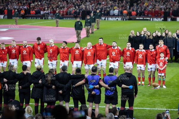 100324 - Wales v France Guinness 6 Nations - The Welsh team line up for the anthems at the start of the match