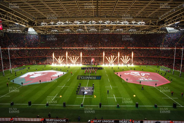 100324 - Wales v France - Guinness Six Nations - General view inside Principality Stadium as the teams run out with pyrotechnics