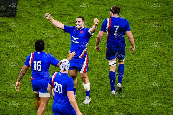 110322  - Wales v France - Guinness Six Nations  - Jean-Baptiiste Gros of France celebrates at final whistle 