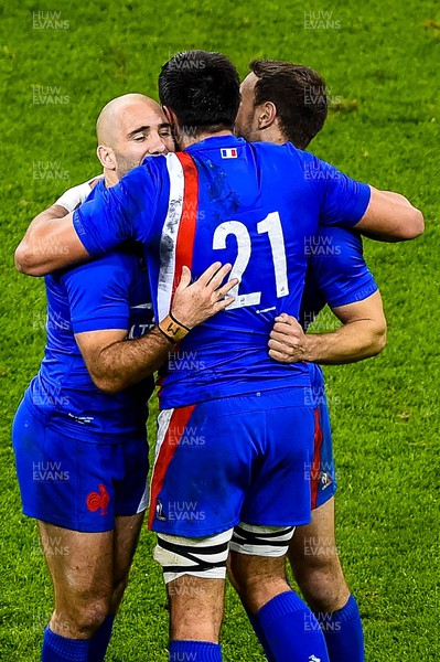 110322  - Wales v France - Guinness Six Nations  - Maxime Lucu of France celebrates with team mates at the final whistle 