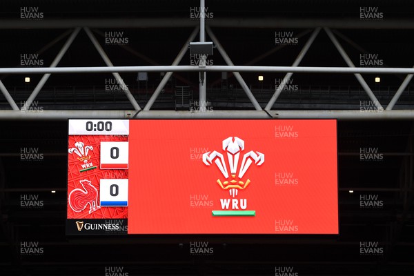 110322 - Wales v France - Guinness Six Nations - A general view of the big screen and scoreboard at Principality Stadium ahead of kick off