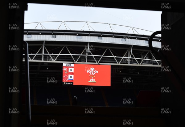 110322 - Wales v France - Guinness Six Nations - A general view of the big screen and scoreboard at Principality Stadium ahead of kick off