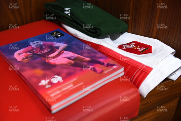 110322 - Wales v France - Guinness Six Nations - Match programme, socks and shorts in the Wales dressing room ahead of kick off