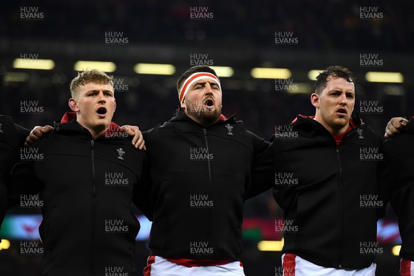 110322 - Wales v France - Guinness Six Nations - Jac Morgan, Wyn Jones, Ryan Elias of Wales during the anthems
