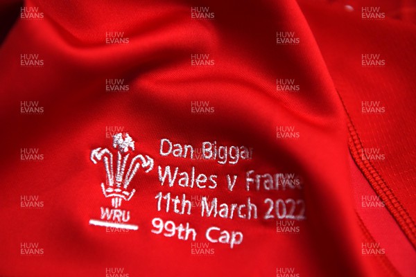 110322 - Wales v France - Guinness Six Nations - Dan Biggar jersey hangs in the Wales dressing room ahead of kick off