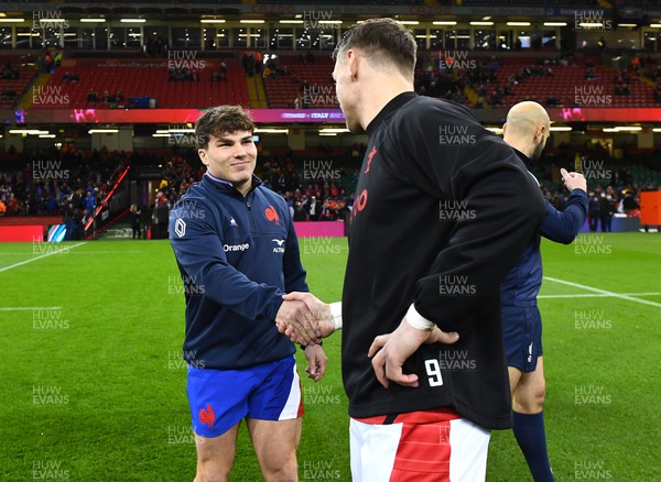 110322 - Wales v France - Guinness Six Nations - Antoine Dupont of France and Dan Biggar of Wales during the coin toss