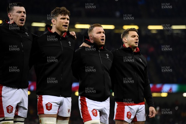 110322 - Wales v France - Guinness Six Nations - Adam Beard, Will Rowlands, Ross Moriarty and Dan Biggar of Wales during anthems