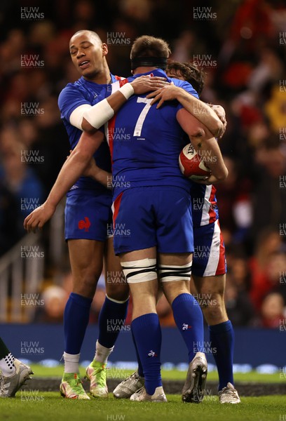 110322 - Wales v France - Guinness Six Nations - Anthony Jelonch of France celebrates scoring a try with team mates
