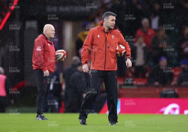110322 Wales v France, Guinness Six Nations 2022 - Wales assistant coaches Stephen Jones, front with Neil Jenkins during warm up