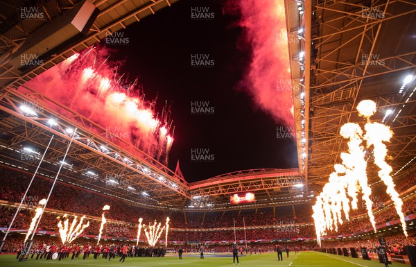 110322 Wales v France, Guinness Six Nations 2022 - Fireworks and pyrotechnics herald the start of the match at the Principality Stadium