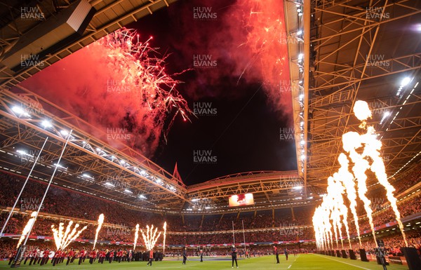 110322 Wales v France, Guinness Six Nations 2022 - Fireworks and pyrotechnics herald the start of the match at the Principality Stadium
