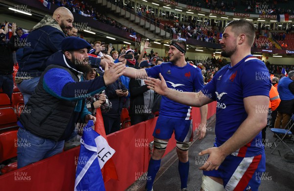 110322 Wales v France, Guinness Six Nations 2022 - Anthony Jelonch of France and Gregory Alldritt of France celebrate with fans at the end of the match