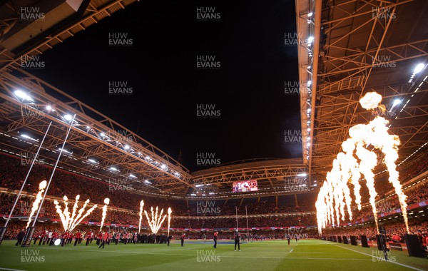 110322 Wales v France, Guinness Six Nations 2022 - A general view of the Principality Stadium with fireworks and pyrotechnics ahead of the start of the match