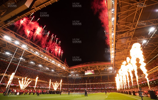110322 Wales v France, Guinness Six Nations 2022 - A general view of the Principality Stadium with fireworks and pyrotechnics ahead of the start of the match