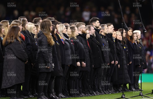 110322 Wales v France, Guinness Six Nations 2022 - The choir entertains the crowd at the Principality Stadium ahead of the start of the match