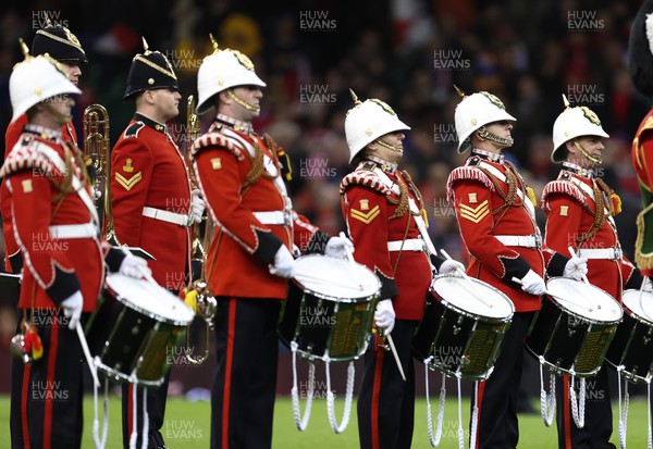 110322 Wales v France, Guinness Six Nations 2022 - The Regimental Band and Corps of Drum of the Royal Welsh entertain the crowd at the Principality Stadium ahead of the start of the match