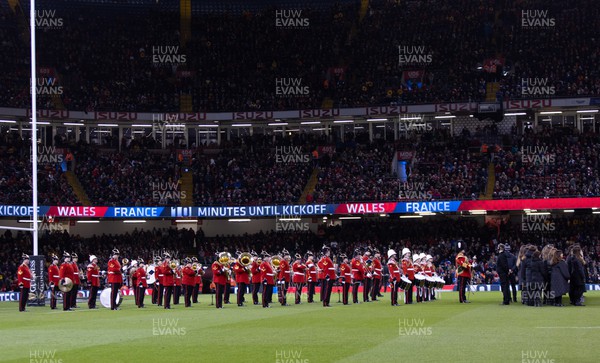 110322 Wales v France, Guinness Six Nations 2022 - The Choir and Regimental Band  and Corps of Drums of the Royal Welsh entertain the fans ahead of the start of the match