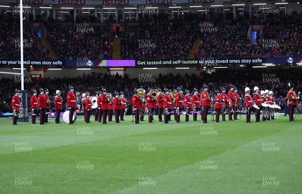 110322 Wales v France, Guinness Six Nations 2022 - The Regimental Band  and Corps of Drums of the Royal Welsh entertain the fans ahead of the start of the match