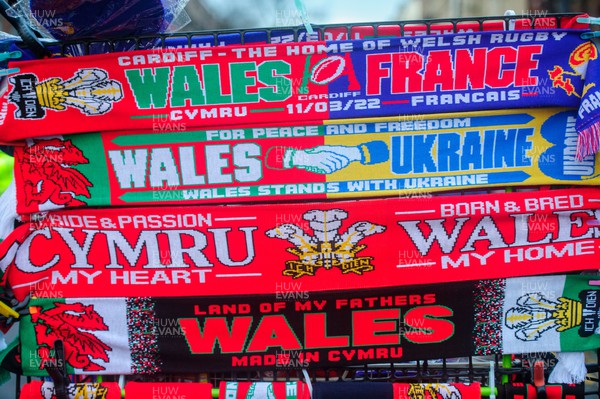 110322 - Wales v France - Guinness Six Nations -  Wales supports Ukraine scarf