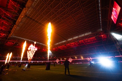150226 - Wales v France - Guinness Six Nations - General views of Principality Stadium during the pre-match light show 