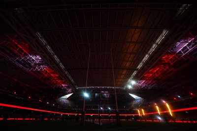150226 - Wales v France - Guinness Six Nations - General views of Principality Stadium during the pre-match light show 