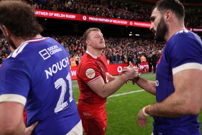 150226 - Wales v France - Guinness Six Nations Championship - Dewi Lake of Wales shakes hands with the opposition at full time