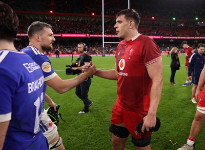 150226 - Wales v France - Guinness Six Nations Championship - Dafydd Jenkins of Wales shakes hands with the opposition at full time