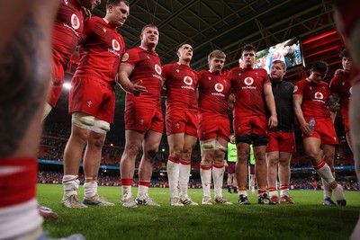 150226 - Wales v France - Guinness Six Nations Championship - Dewi Lake of Wales speaks to the team at full time