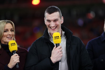 150226 - Wales v France - Guinness Six Nations Championship - Gabby Logan and Sam Warburton working for the BBC