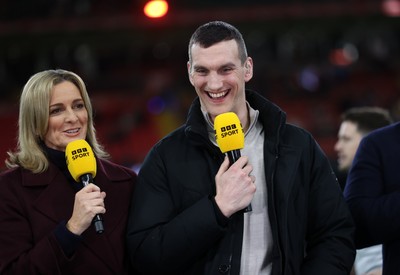 150226 - Wales v France - Guinness Six Nations Championship - Gabby Logan and Sam Warburton working for the BBC