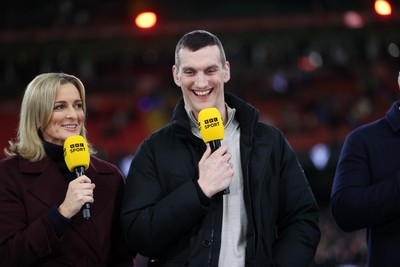 150226 - Wales v France - Guinness Six Nations Championship - Gabby Logan and Sam Warburton working for the BBC