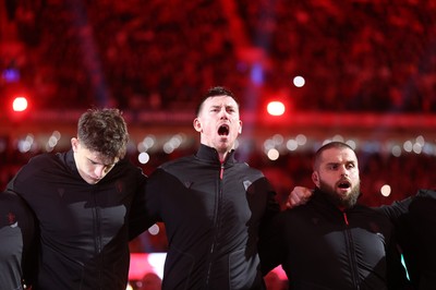 150226 - Wales v France - Guinness Six Nations Championship - Adam Beard of Wales sings the anthem