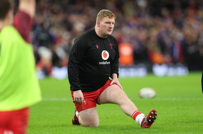 150226 - Wales v France, 2026 Guinness Six Nations - Rhys Carre of Wales during warm up