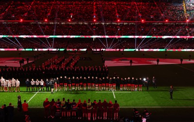 150226 - Wales v France, 2026 Guinness Six Nations - The teams line up for the anthems ahead of the natch