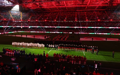 150226 - Wales v France, 2026 Guinness Six Nations - The teams line up for the anthems ahead of the natch