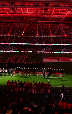 150226 - Wales v France, 2026 Guinness Six Nations - The teams line up for the anthems ahead of the natch