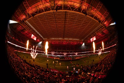 150226 - Wales v France, 2026 Guinness Six Nations - The Principality Stadium is lit up as the teams run out
