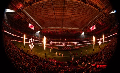150226 - Wales v France, 2026 Guinness Six Nations - The Principality Stadium is lit up as the teams run out
