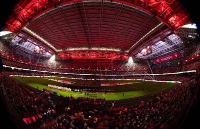 150226 - Wales v France, 2026 Guinness Six Nations - The Principality Stadium is lit up as the teams run out
