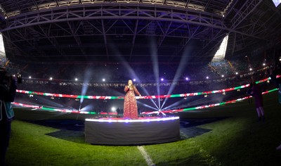 150226 - Wales v France, 2026 Guinness Six Nations - Molly Roberts performs at half time