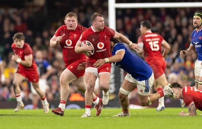 150226 - Wales v France, 2026 Guinness Six Nations - Dewi Lake of Wales charges forward